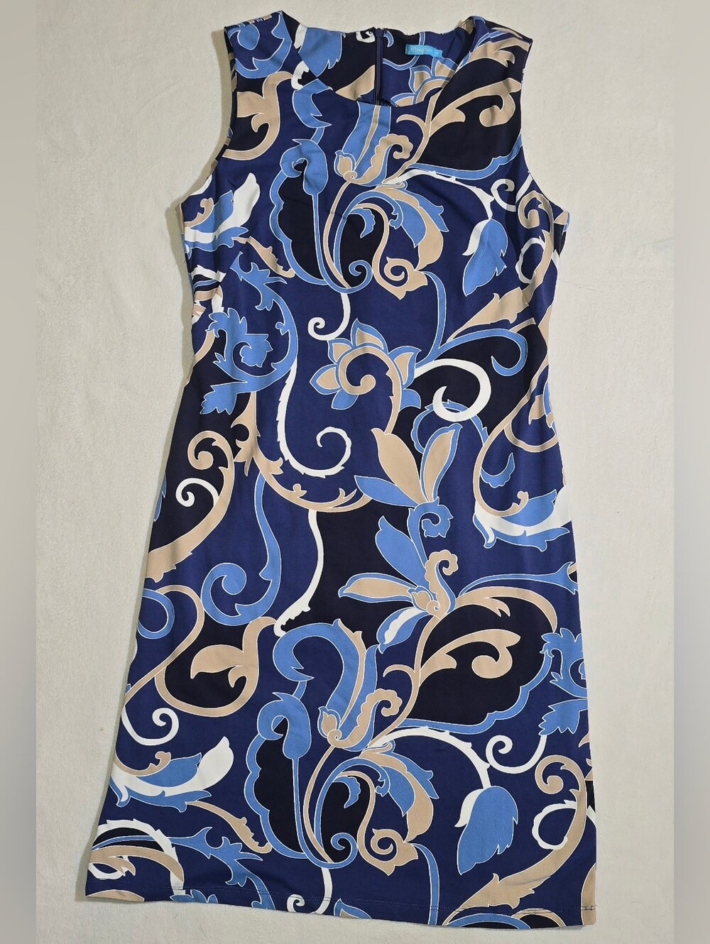 J McLaughlin Sophia Catalina Cloth Dress Blue Tan Baroque Scroll Sheath M